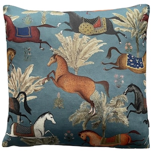 Blue Cushion Cover Arabian Horses Printed Cotton Fabric 16-24&quot;