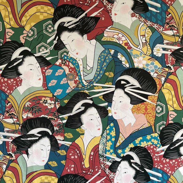 Geisha Velvet Fabric By Metre Asia Oriental Woman Panel Green Blue Red Yellow