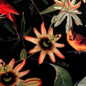Schwarz Italienisch Samt Gedruckt Passiflora Greenery Rote Vögel Botanische Blumen REDUZIERTE PREIS zu VERKAUFEN