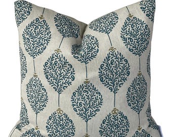Teal Botanical Leaf Trellis Cushion Cover, Linen-Look Cotton Blend Sofa Pillow