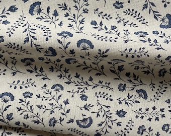 Dutch Meadow Floral Fabric – Indigo Country Style Cotton Linen Fabric for Curtains Blinds