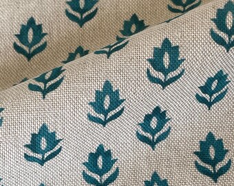 Turquoise Cotswold Sprig  Fabric | Linen Look Botanical Print for Curtains and Blinds