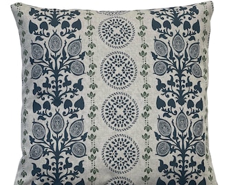 Blue Folk Medallion Cushion Cover Linen Look Botanical Stripe  Neutral Country Farmhouse Decor