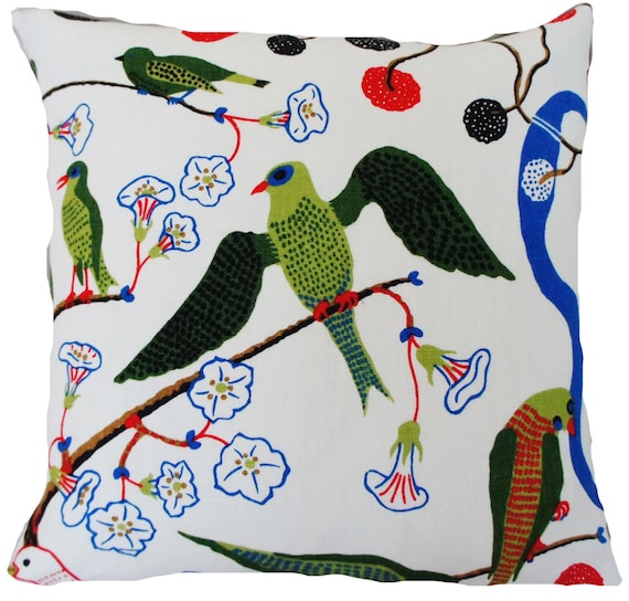 Multicoloured Birds With Cages Light Canvas fabric by the metre