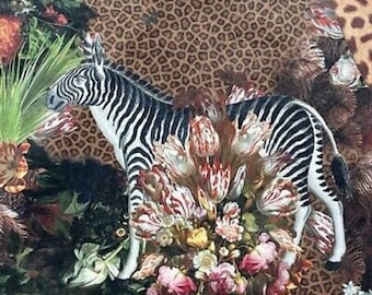 May include: A black and white zebra standing in a field of red, white, and pink flowers. The zebra is surrounded by a brown and black leopard print pattern.