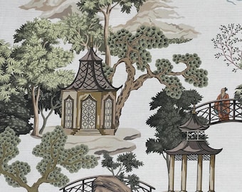 Chinoiserie Pagoda Garden Stoff: Neutral Baumwollmischung