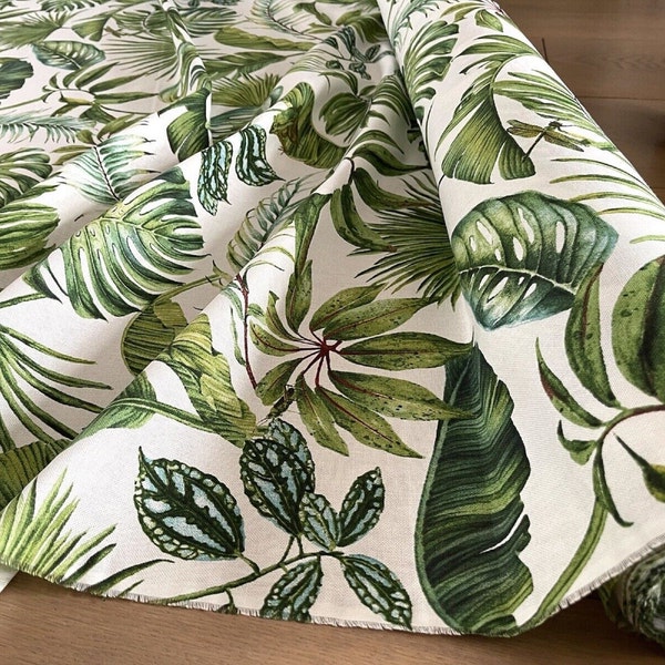 Botanical Leaves Printed Cotton Fabric by metre White Green Plats Tropical Frog Hummingbird Dragonfly Insects