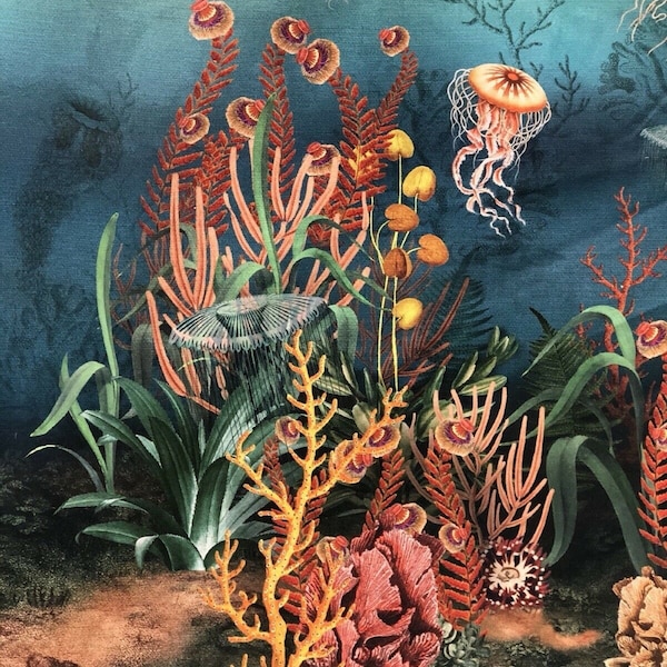 Tropical Fish Cotton printed Fabric Sea World corals jellyfish panel wall hanger