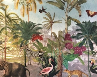 Botanical Print Cotton Fabric Panel: Tropical Animals, Exotic Flora – L123cm W137cm