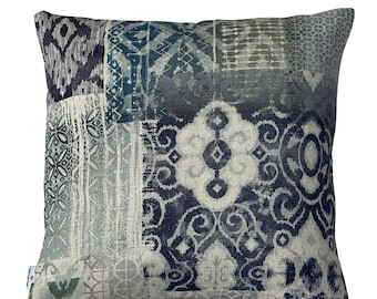 Indigo Patchwork Cushion Cover: Ikat Mosaic Blue Grey Teal Linen-Look Pillow Case