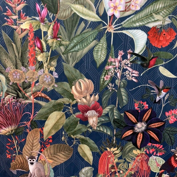 Tela de terciopelo tropical: Material de costura con estampado de tucán, mono y flores