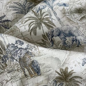 Tela con mapa de la jungla de safari – Algodón orgánico – Elefantes, jirafas y cebras – Decoración del hogar y cortinas