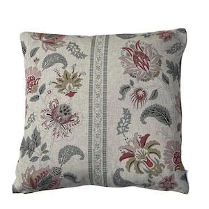 May include: Square throw pillow with a floral pattern in shades of red, gray, and olive green on a cream background. The design features large stylized flowers and leaves, with a vertical stripe down the center.