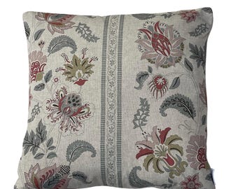 Jacobean Floral Stripe Cushion Cover Linen Look Blush Pink Sage Green Country Cottage