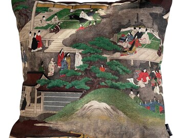 May include: A decorative pillow featuring a vintage Japanese illustration of a garden scene with people, trees, and buildings. The pillow is brown with a beige border.