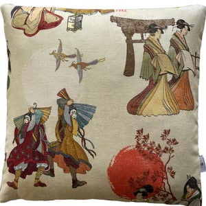 Samurai Cushion Cover Japanese Ladys Geisha Kabuki Pillowcase Tree Bird Toile