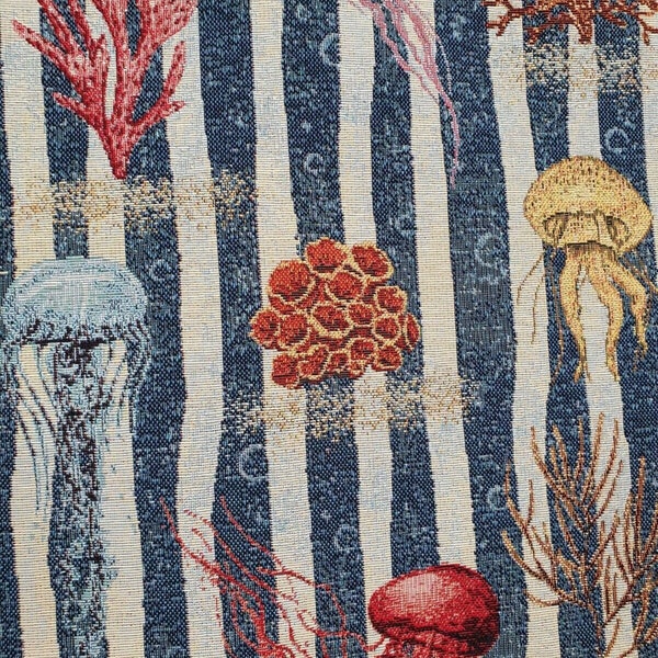 Méduses, coraux et rayures : tissu d'ameublement tissé nautique pour décoration intérieure - Vendu au mètre
