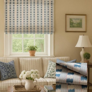 Tenda a pacchetto personalizzata Indigo Stripe – Tenda da finestra in cotone e lino effetto costiero