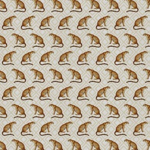 May include: A repeating pattern featuring brown cheetahs on a light beige backdrop. The cheetahs are depicted in a seated pose, with curled tails. The background incorporates a geometric diamond design. Ideal for fabric or wallpaper applications.