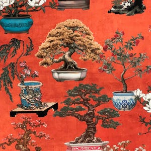 May include: A red background featuring several bonsai trees in a variety of pots. The trees are at different stages of growth and have different pot styles. Some of the pots are decorated with floral patterns.
