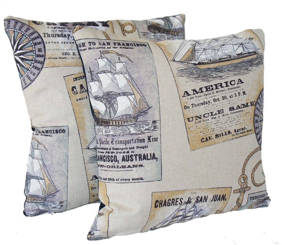 Old Boats Cushions Covers Pair Pillow Throw Cases Blue Grey Etsy
