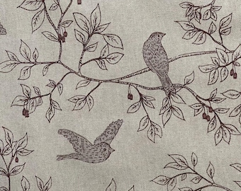 Woodland Bird Fabric – Linen Look Textile for Curtains, Cushions, Blinds