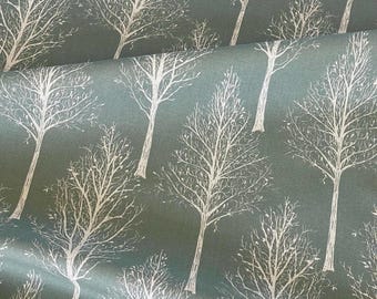 Scandinavian Style Forest Fabric – Bare Tree Design on Soft Green Linen-Look Material