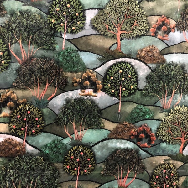 Apple Tree Forest Hills Nature Greenery Leaves Italian Velvet Fabric Sold by Metre Upholstery Green Yellow Brown  Botanical