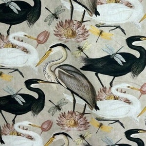 Herons Birds Dragonfly Lotus Tulips Romantic Japanese Design Beige Yellow Art Cotton Fabric by Metre