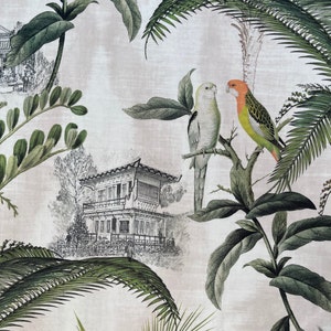 Vintage-Inspired Pagoda Parrots Velvet Fabric: Tropical Tree Greenery by the Meter