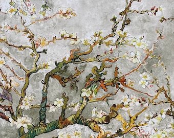 アーモンドの花、ゴッホの絵画、綿布、グレー、グリーン、黄色のトーン