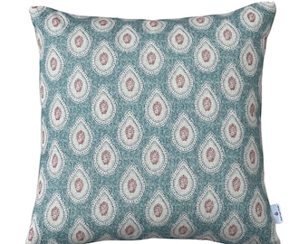 Teal Paisley Cushion Cover Linen Look Buta Floral Pillow Indian Boho Decorative Throw