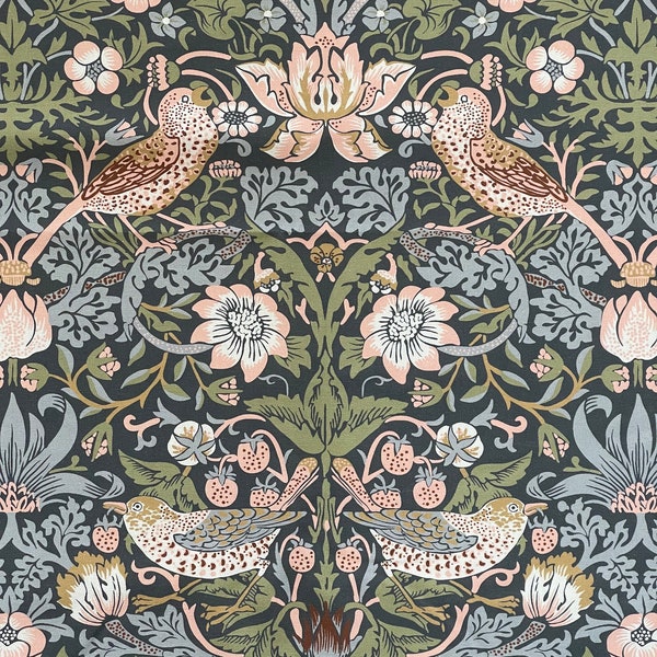 Strawberry Thief William Morris / Tissu en coton bleu vintage - Vendu au mètre