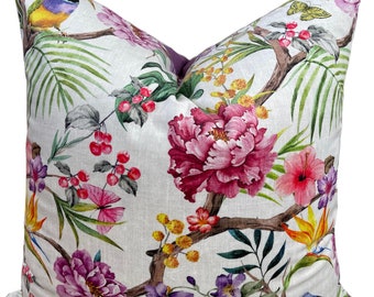 Birds Cushion Cover Printed Velvet Fabric Colourful Pink Yellow Flowers 16-24”