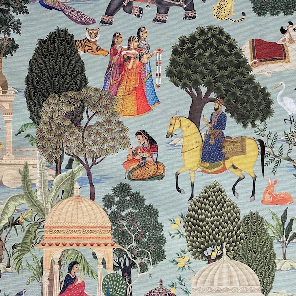 Indian Regalia Cotton Fabric: Elephant, Horse, Mughal Print