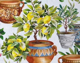 May include: A watercolor painting of a still life featuring three terracotta pots with lemon trees. The pots are decorated with blue and gold accents. The lemon trees are in full bloom with green leaves and yellow lemons.