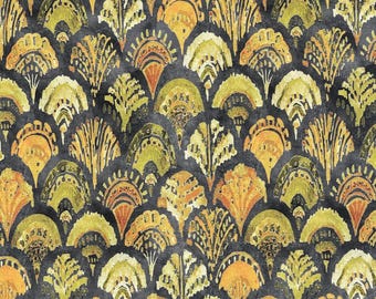 Tela Art Déco de plumas de pavo real – Estampado geométrico de algodón orgánico