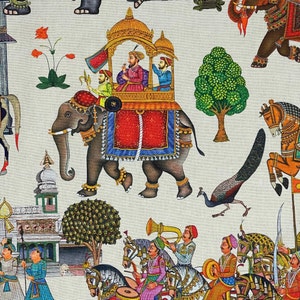 Elephants Palms Pattern Jaipur off White printed Cotton Fabric for Chic Home Decor curtains blinds