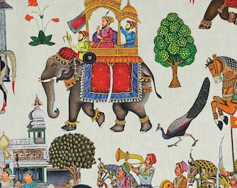 Tela de algodón estampada en blanco roto con estampado de elefantes y palmeras de Jaipur para cortinas y persianas de decoración elegante para el hogar.
