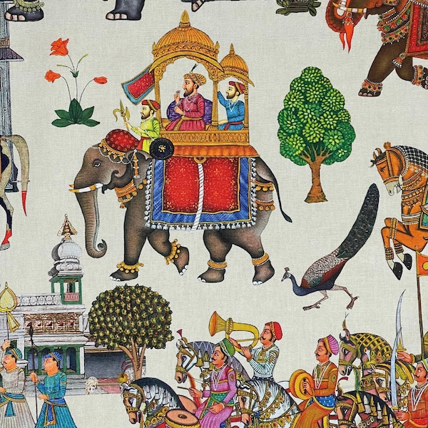 Éléphants et palmiers/Motif Jaipur/Tissu en coton blanc cassé pour une décoration intérieure chic"