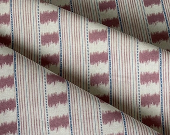 Dusty Rose Stitch Stripe Printed Cotton Linen Look Fabric – Rustic Upholstery Curtains Blinds