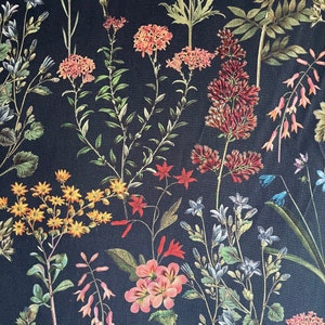 Flowers Field Cotton Printed Fabric Wildflowers Black Dark Blue Botanical Hyacinth