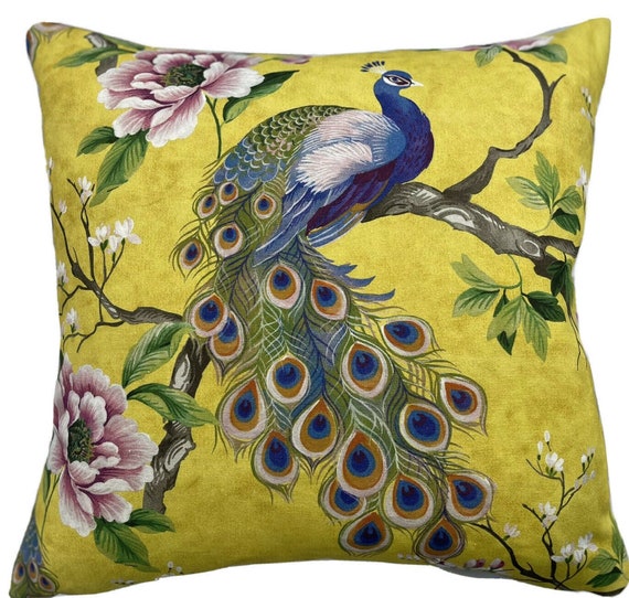 Chartreuse Yellow Peacock Cushion Cover Pink Green Botanical Floral Japanese Tree Printed Etsy