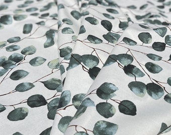 Botanical Cotton Printed Fabric Eucalyptus Leaves Branch Greenery Sold by metre