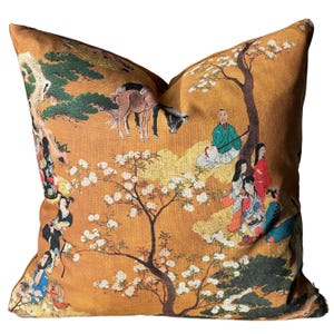 Mustard Yellow Geisha Samurai Cushion Cover: Japanese Cotton Home Decor