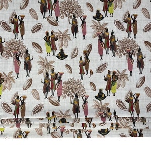 May include: A white fabric with a repeating pattern of brown cocoa pods, stylized brown trees, and brown figures carrying cocoa pods. The figures are wearing colorful clothing and are set against a white background.