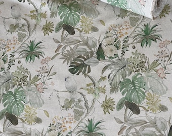 Botanical Bird Sage Fabric | Tropical Leaf Linen Look Cotton | Curtain & Cushion Material