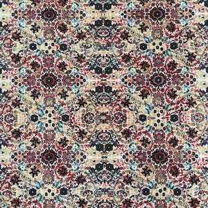 Puede incluir: Una tela blanca con un patrón repetitivo de diseños florales rojos, azules, verdes y amarillos. La tela tiene un aspecto vintage, tradicional y ornamentado.