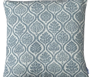Denim Blue Ogee Cushion Cover, Botanical Leaf Linen-Look Pillow, Scandinavian Farmhouse Decor