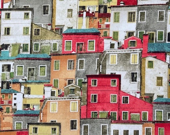 Positano Village Houses Printed Cotton Fabric By Meter Mediterranean Inspired